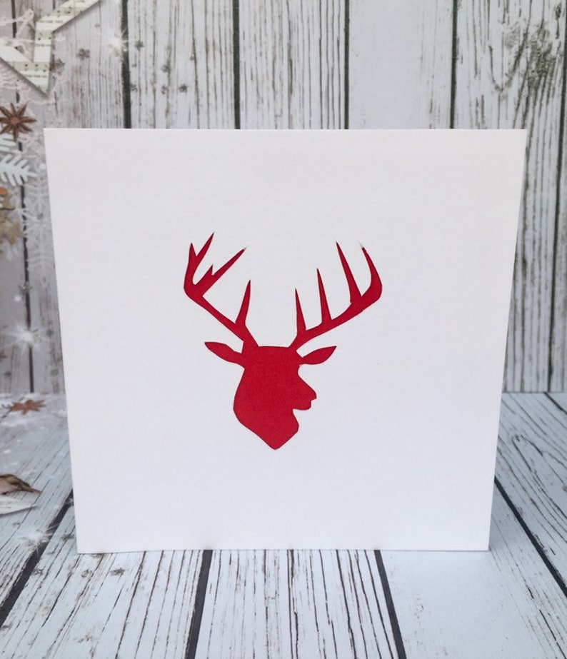 Reindeer Christmas Cards and Party Invitations for the Festive Season Available in a Variety of Colours Handcut and Designed By HKdesign8 White & Red