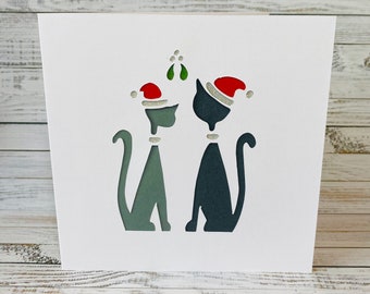 Cat Couple Under The Mistletoe Papercut Christmas Card- Can Be Personalised- A Special Christmas Card For Cat Lovers- Handmade by HKdesign8