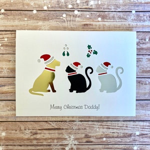 Hond en katten onder de maretak kerstkaart gepersonaliseerd met elk bericht, een speciale handgemaakte papercut-kaart die gegarandeerd indruk maakt!