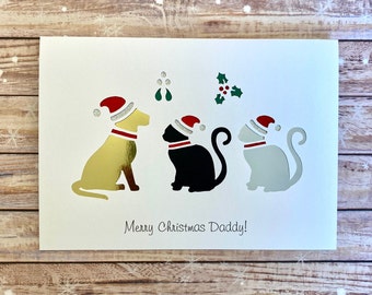 Dog and Cats Under The Mistletoe Christmas Card Personalised With Any Message, A Special Handmade Papercut Card Guaranteed To Impress!