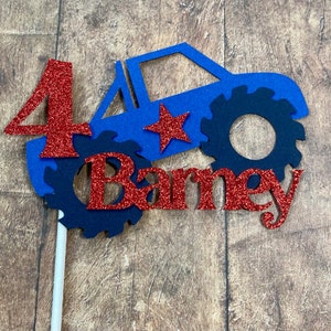 Birthday Cake Toppers Personalised with Name and Age, Monster Truck, Digger, Excavator, Steam Train, Fire Engine, Tractor, Handmade To Order Blue Monster Truck