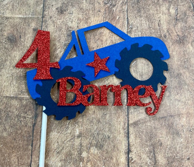 Birthday Cake Toppers Personalised with Name and Age, Monster Truck, Digger, Excavator, Steam Train, Fire Engine, Tractor, Handmade To Order Blue Monster Truck