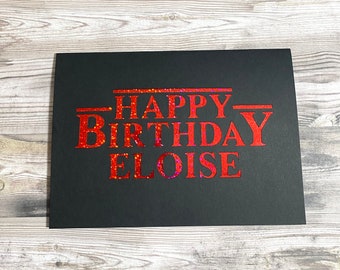 Personalised Happy Birthday Card With Shiny Red Holographic Writing. A Stranger-Things Inspired Card Available In Any Name Handmade to Order