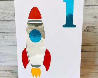 Space Rocket Birthday Card With Age On Front For Child's Birthday Party- Spaceship Card- Handmade To Order and Blank Inside- By HKdesign8