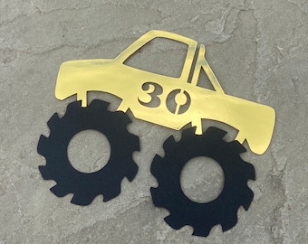 Gold Monster Truck Birthday Cake Topper with Age