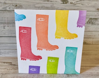 Wellington Boots Lino Print Card, Wellies, Welly Boots, Rain Boots, Thank You, Retirement, Note Card, Hand Printed and Made To Order.