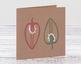 Red and Green Chilli Hot Pepper Linocut Card For Any Occasion- Hand Printed and Blank Inside- More Spicy Greeting Cards at HKdesign8