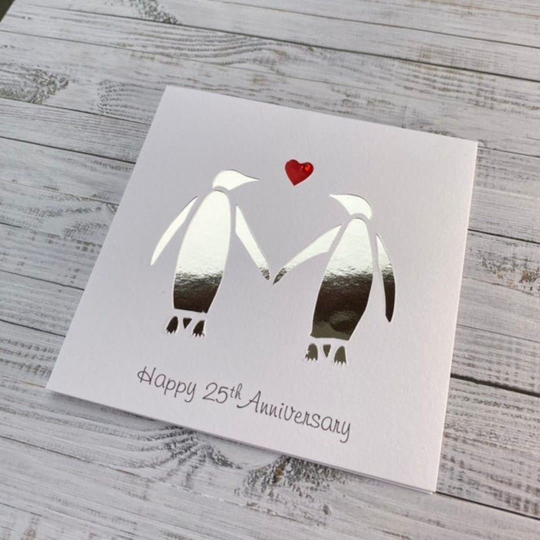 Handmade Silver Penguin 25th Anniversary Card - Papercut Design - Etsy