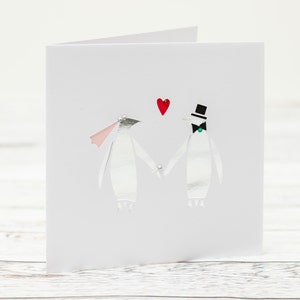Personalised Silver Penguin Couple Papercut Wedding Card For Bride and Groom- Wedding Invitation- Mr and Mrs Card- Card for Wife or Husband