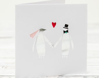 Personalised Silver Penguin Couple Papercut Wedding Card For Bride and Groom- Wedding Invitation- Mr and Mrs Card- Card for Wife or Husband