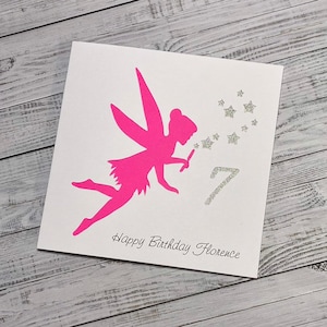 Fée rose avec baguette magique et étoiles de poussière de fée pailletées argentées - carte personnalisée pour fille - petite-fille nièce - bébé fille - amoureux des fées
