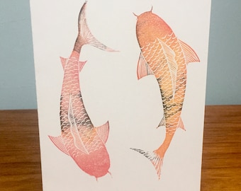 Red and Orange Koi Carp Father's Day Lino Print Card- Blank Inside For Your Own Personal Message- Free Personalisation-