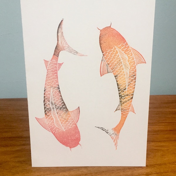 Rouge et Orange Koi Carp Father's Day Lino Print Card-Vide à l'intérieur pour votre propre message personnel-Personnalisation gratuite-