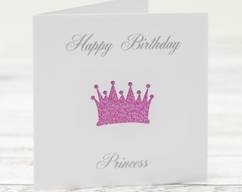 Happy Birthday Prinzessin mit glitzernden Glitzer Tiara Papierschnitt Geburtstagskarte - Erhältlich mit kostenloser Namenspersonalisierung - HKdesign8