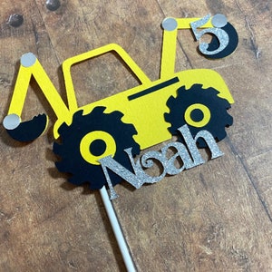 Birthday Cake Toppers Personalised with Name and Age, Monster Truck, Digger, Excavator, Steam Train, Fire Engine, Tractor, Handmade To Order Yellow Digger