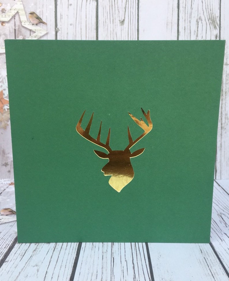 Reindeer Christmas Cards and Party Invitations for the Festive Season Available in a Variety of Colours Handcut and Designed By HKdesign8 Green & Gold