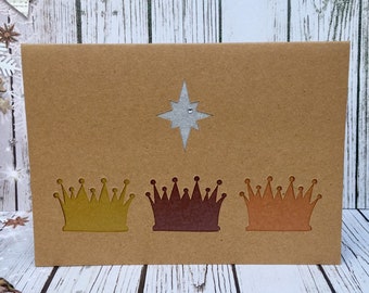 Three Kings Crowns and North Star Christmas Papercut Greeting Card, Gold, Frankincense and Myrrh, Religious, Bethlehem, Festive Season