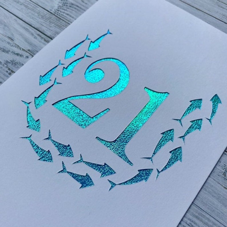 21st Birthday Card With Shoal of Fish Horseshoe. A Stunning and Unique Handmade Papercut Card For Son, Daughter, Grandson, Nephew, Godson image 2