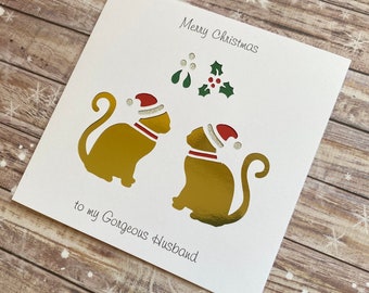 Cats Wearing Christmas Hats Under The Mistletoe. Personalised With The Cats Names or Your Special Message. Christmas Card Handmade To Order