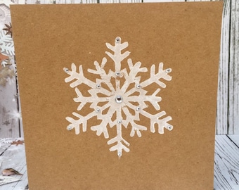 Snowflake Christmas Card with Sparkles. Handprinted Linocut Design in White, Red or Purple. Festive Seasons Greetings. Hkdesign8