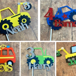 Birthday Cake Toppers Personalised with Name and Age, Monster Truck, Digger, Excavator, Steam Train, Fire Engine, Tractor, Handmade To Order zdjęcie 1