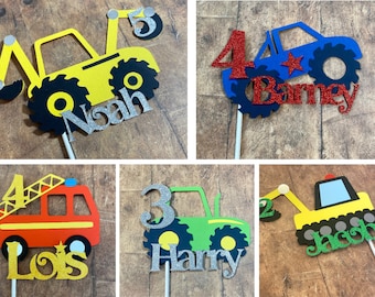 Birthday Cake Toppers Personalised with Name and Age, Monster Truck, Digger, Excavator, Steam Train, Fire Engine, Tractor, Handmade To Order