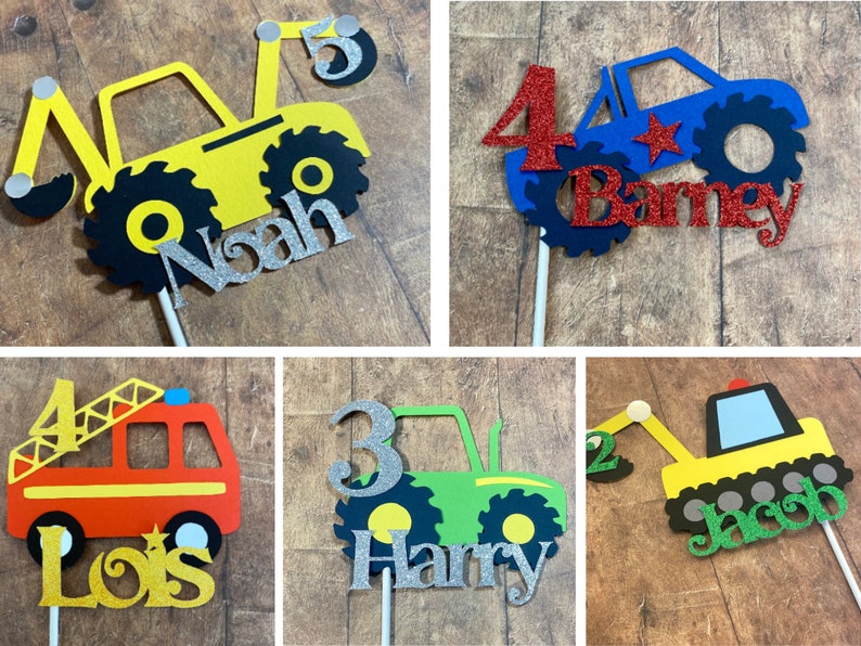 Birthday Cake Toppers Personalised with Name and Age, Monster Truck, Digger, Excavator, Steam Train, Fire Engine, Tractor, Handmade To Order zdjęcie 1