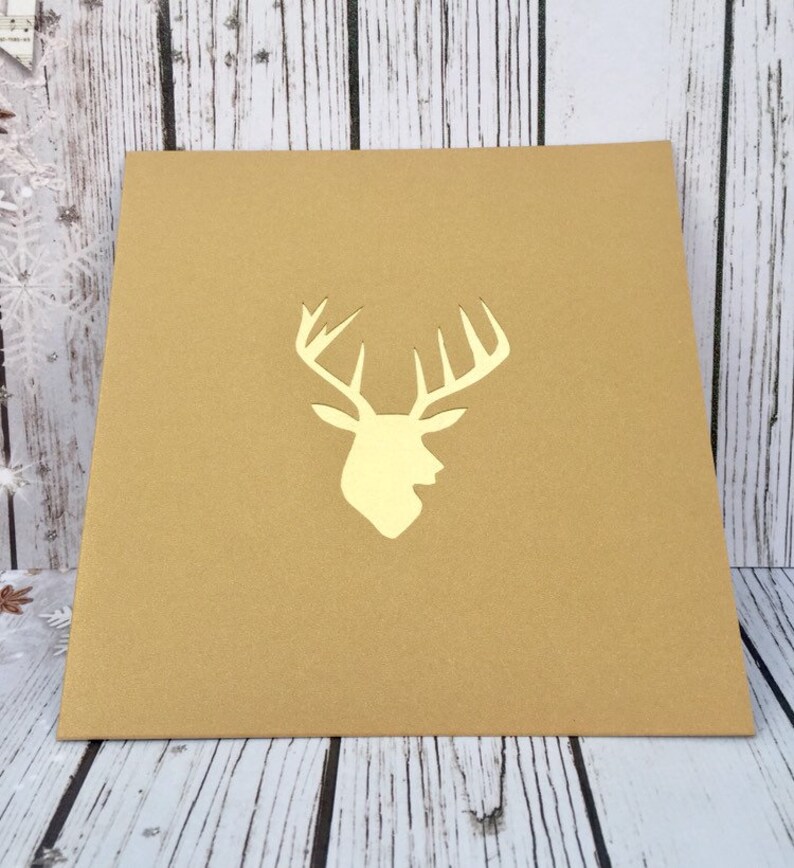 Reindeer Christmas Cards and Party Invitations for the Festive Season Available in a Variety of Colours Handcut and Designed By HKdesign8 Gold Card & Reindeer