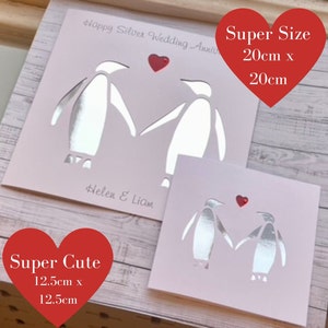 Super tamaño Silver Penguin Couple in Love Tarjeta personalizada para el Día de San Valentín, compromiso, aniversario de bodas, medidas 20cm x 20cm, 8 'x 8'