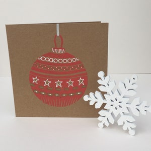 Cartão de bugiganga de Natal vermelho e branco por Hkdesign8 Saudação das estações, época festiva, feito à mão, impressão em linogravura