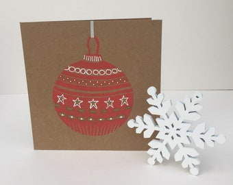 Red and White Christmas Bauble Card by Hkdesign8 Seasons Greeting, Festive Season, Handmade, Linocut Print