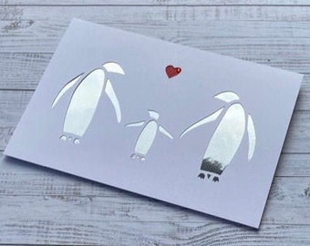 Familia personalizada de pingüinos plateados con nueva tarjeta de bebé para padres o abuelos - Baby Shower- Tarjeta de adopción- Felicitaciones Tarjeta de bebé