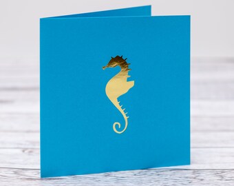 Handmade Golden Seahorse Card – Ocean Blue Notecard