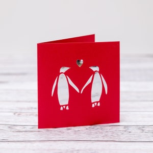 Carte de Saint Valentin Couple pingouin argenté - Anniversaire - Je t'aime - Carte d'âmes soeurs - Fait main sur commande avec personnalisation gratuite.