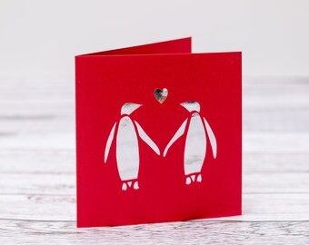 Silver Penguin Couple In Love Valentines Day Card-  Anniversary- I love You- Soulmates Card- Handmade to Order With Free Personalisation.