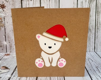 Cute Polar Bear with Santa Hat Papercut Christmas Card Can Be Personalised with Name or Message, Baby's First Christmas Card- By HKdesign8
