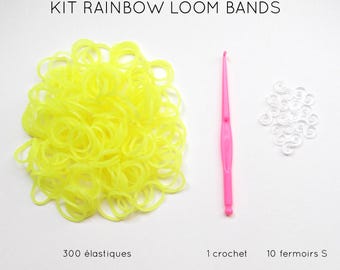 Kit 300 neon yellow elastic + 10 clasps S + 1 crochet rainbow loom bands