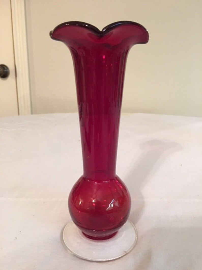 8.5 Deep Red Glass Vase With Tulip Flaring Top Bulbous Etsy