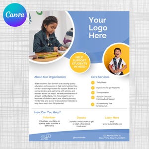 Puede incluir: Un folleto azul y blanco con imágenes de niños y texto que promociona una organización. Destaca los servicios principales y las formas de ayudar, con información de contacto en la parte inferior. El diseño incluye un logotipo de 'Canva' y un espacio para un logotipo.