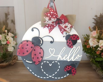Ladybug Summer Door Hanger | Hand-Painted Hello Sign, 18 Inch