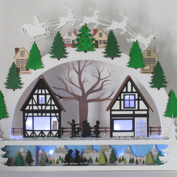 Christmas Village Shelf Sitter | Unique Christmas Gift | Light Up Arch Holiday Christmas Town Scene | Schwibbogen | Christmas Wooden Village