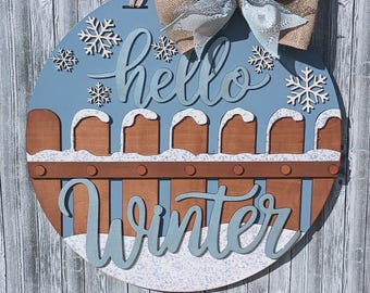 Hello Winter Door Hanger with Snowflake – Seasonal Front Door Decor