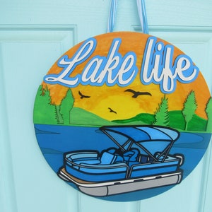 Lake House Door Hanger | Pontoon Life Sign | Lake House Front Door Decor | Front Door Wreath | Lake Life Door Round | Boating Sign