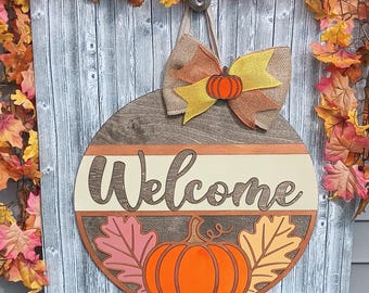 Hand Painted Welcome Pumpkin Door Hanger | 3D Fall Sign