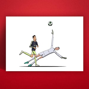 May include: Illustration of a soccer match moment. A player in a black and yellow uniform runs towards the goal, while the goalkeeper in white dives to catch the green and white soccer ball. The artwork is set against a white background.