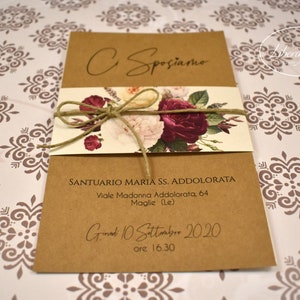 PARTECIPAZIONI NOZZE invito matrimonio floreale in carta kraft e carta perlata champagne - 10 pezzi
