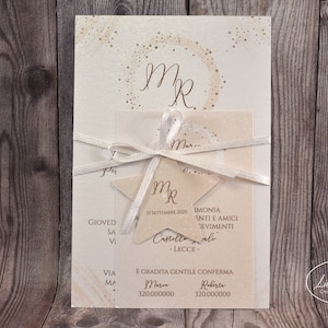 PARTECIPAZIONI NOZZE invito matrimonio tema stelle in carta perlata bianca - 10 pezzi