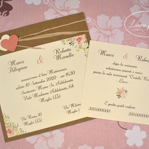 PARTECIPAZIONI NOZZE invito matrimonio floreale in carta kraft e martellato avorio - 10 pezzi