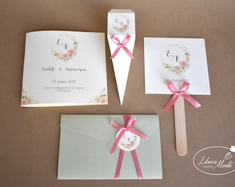 Floral-themed wedding stationery in recycled kiwi paper