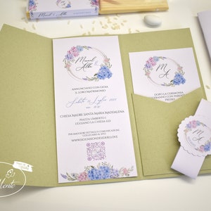 Partecipazione MATRIMONIO floreale in carta riciclata verde kiwi - 10 pezzi
